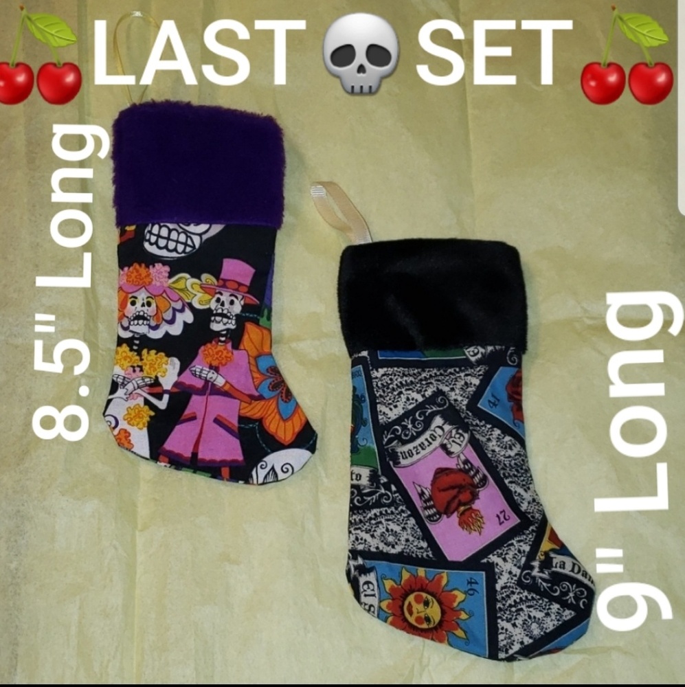 2pc Halloween Stockings Day of Dead Tattoo Flash 9" & 8.5" Gothic Skull Skeleton